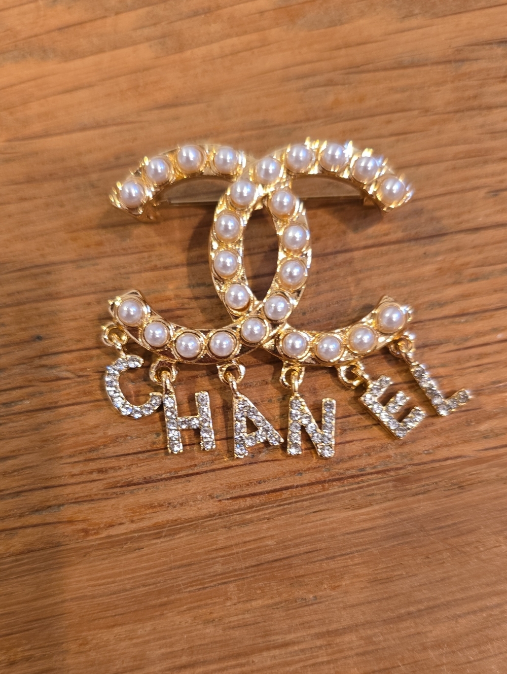 CHANEL Gold-Tone Pearl CC Logo Brooch with Crystal Letter Drops - Picture 2 of 5
